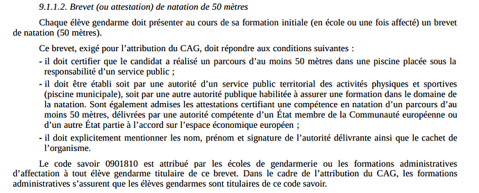 Brevet de natation - extrait de l'instruction n°17500 du 5 novembre 2020 - Relative à la formation initiale des sous-officiers de gendarmerie